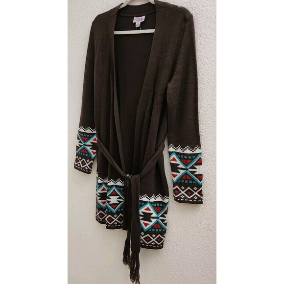 Pink Cattlelac Women Brown Open Long Sleeve Belted Western Cardigan Sweater sz S - Picture 2 of 10